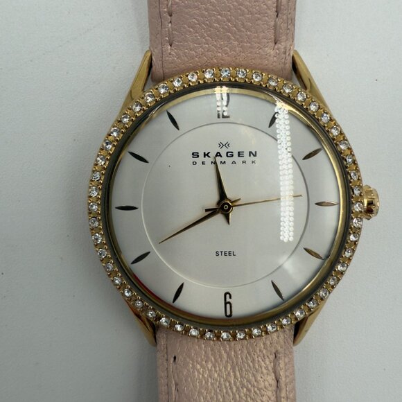Skagen Denmark Quartz Womens Watch Pink Leather Band Silver Crystals 347SGL1 - Picture 16 of 16